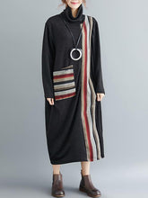 Casual Striped High-neck Midi Dress